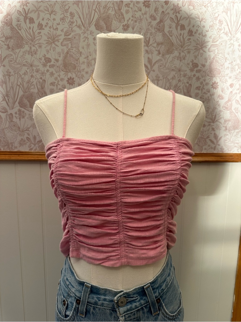 Free People Ruched Pink Spaghetti Strap Crop Top - Picture 2 of 7